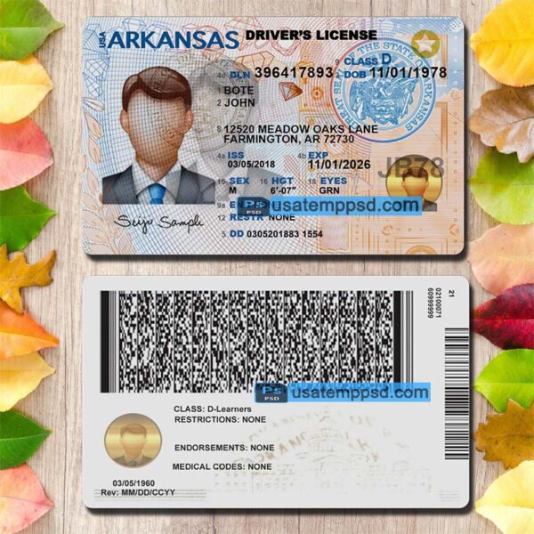 Editable Arkansas driving license template psd download