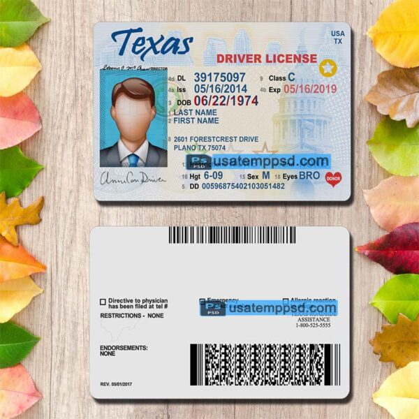 Editable Texas driving license template psd download