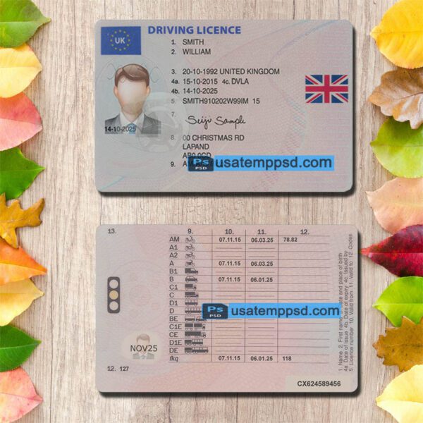 Editable UK driving license template psd download (update version)