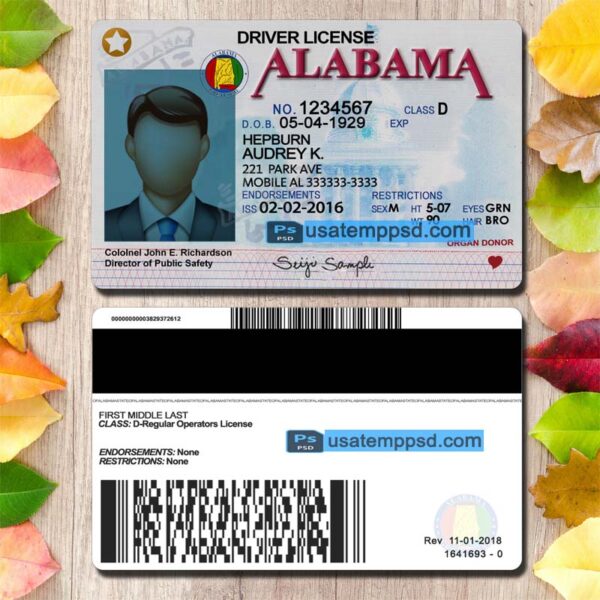 Editable Alabama driving license template psd download