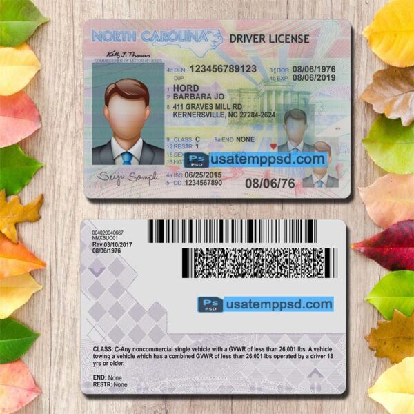 Editable North Carolina driving license template psd download