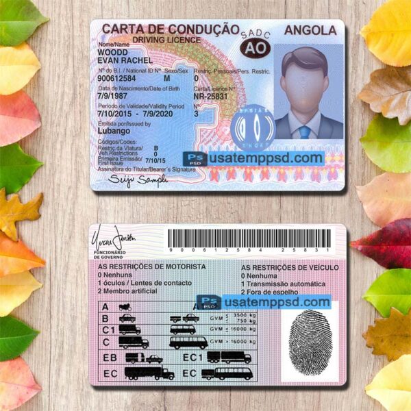 Editable Angola driving license template psd download