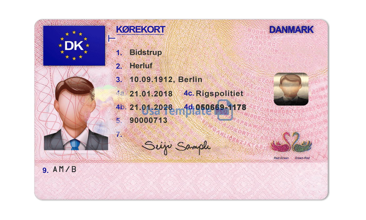 Editable blank Denmark drivers license template psd pdf download