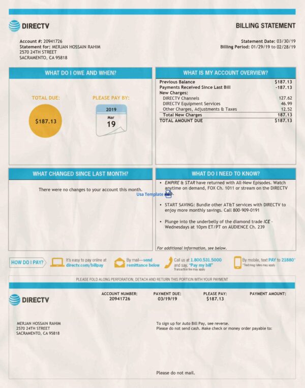 USA utility bill Template psd, USA proof of address template psd: Directv utility bill psd Template