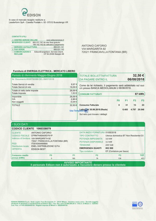 Italy utility bill psd template: Italy proof of address psd template