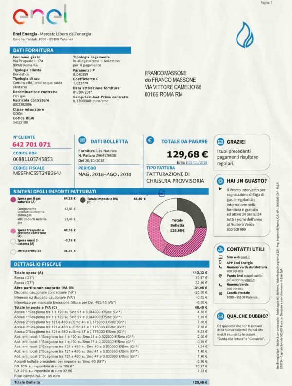 Italy utility bill psd template : Italy proof of address psd template