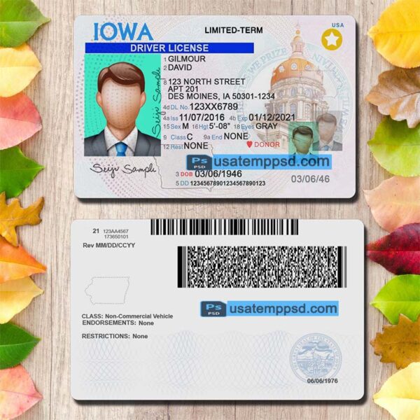 Editable Iowa driving license template psd download