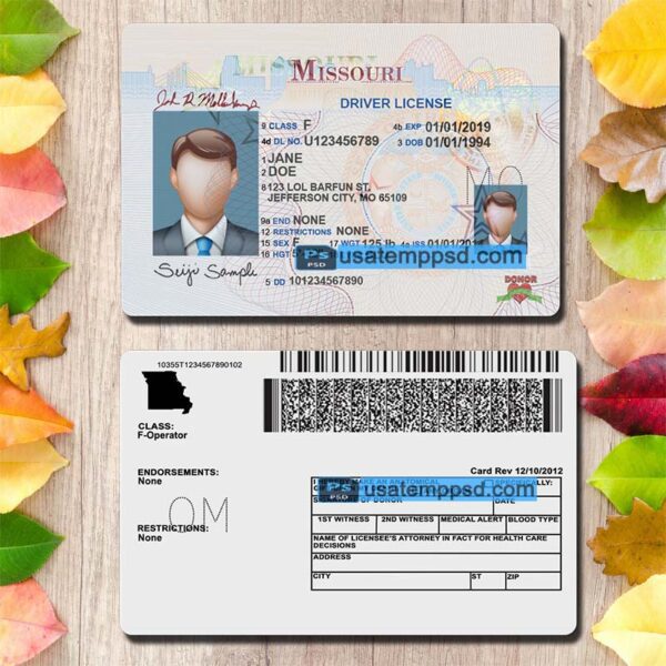 Editable Missouri driving license template psd download