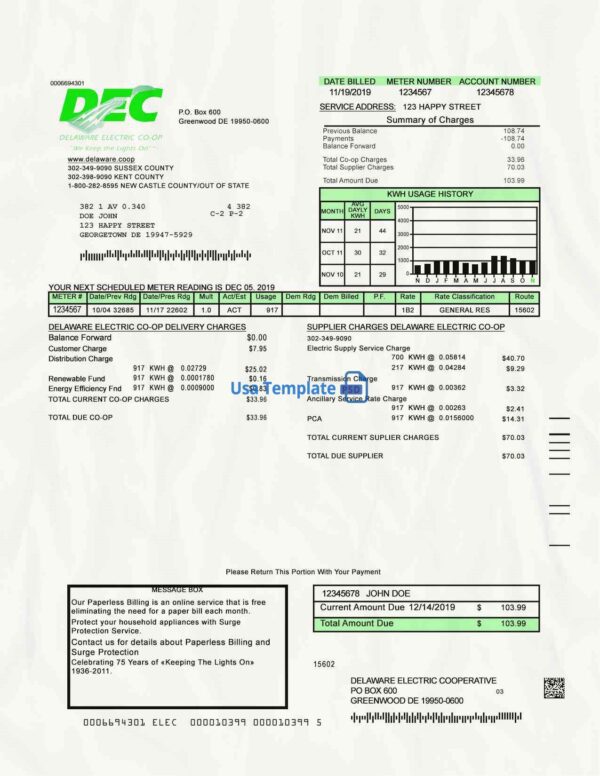 Delaware Utility Bill psd Template: Delaware Proof of address psd template