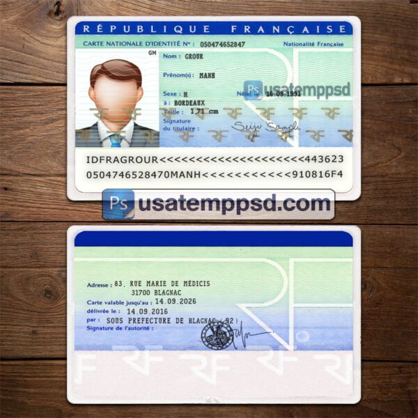 Editable France ID Card template psd download