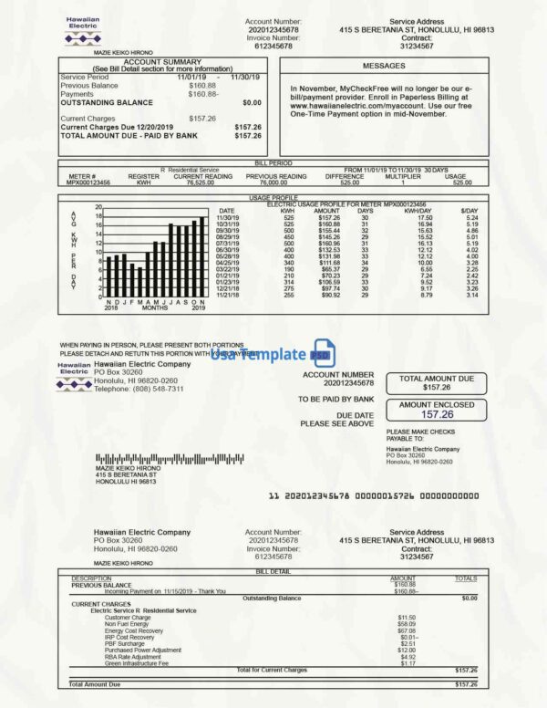 Hawaii Utility Bill psd Template: Hawaii Proof of address psd template