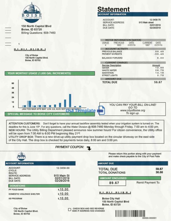 Idaho Utility Bill psd Template: Idaho Proof of address psd template