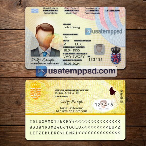 Editable Luxembourg ID Card template psd download