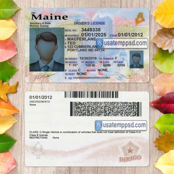 Editable Maine driving license template psd download New