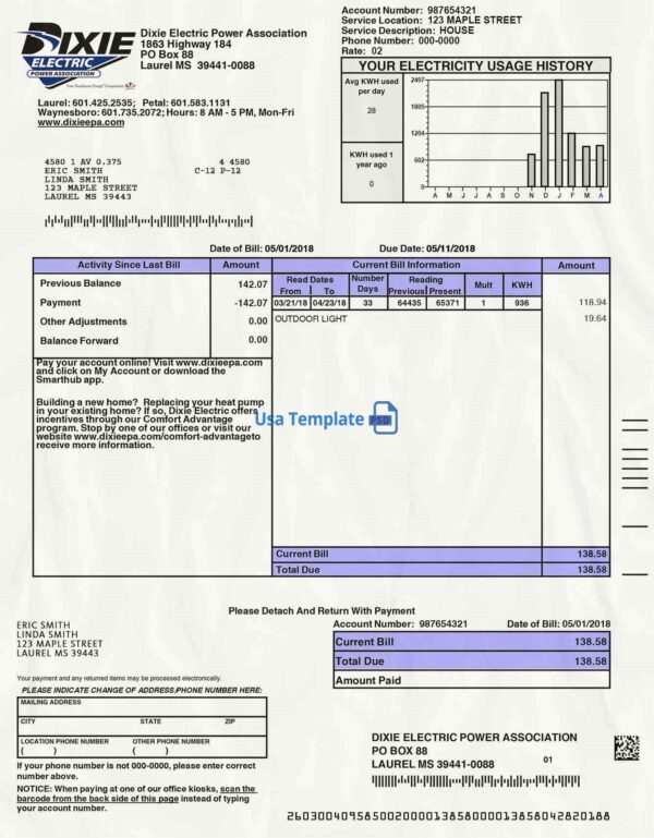 Mississippi Utility Bill psd Template: Mississippi Proof of address psd template