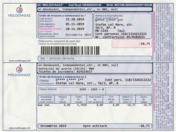 Moldova Utility Bill psd Template: Moldova Proof of address psd template