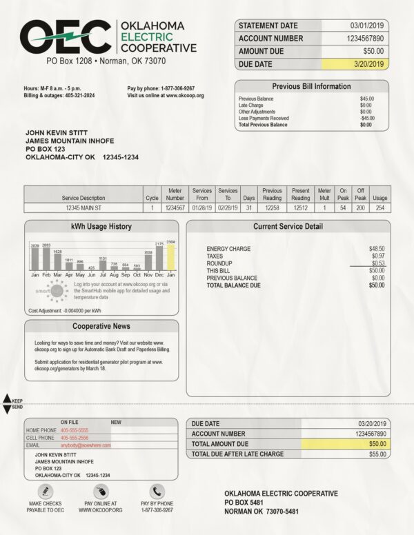 Oklahoma Utility Bill psd Template: Oklahoma Proof of address psd template