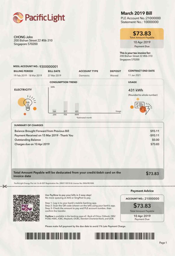 Singapore Utility Bill psd Template: Singapore Proof of address psd template