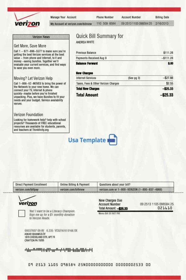 Verizon Utility Bill psd Template: Verizon Proof of address psd template