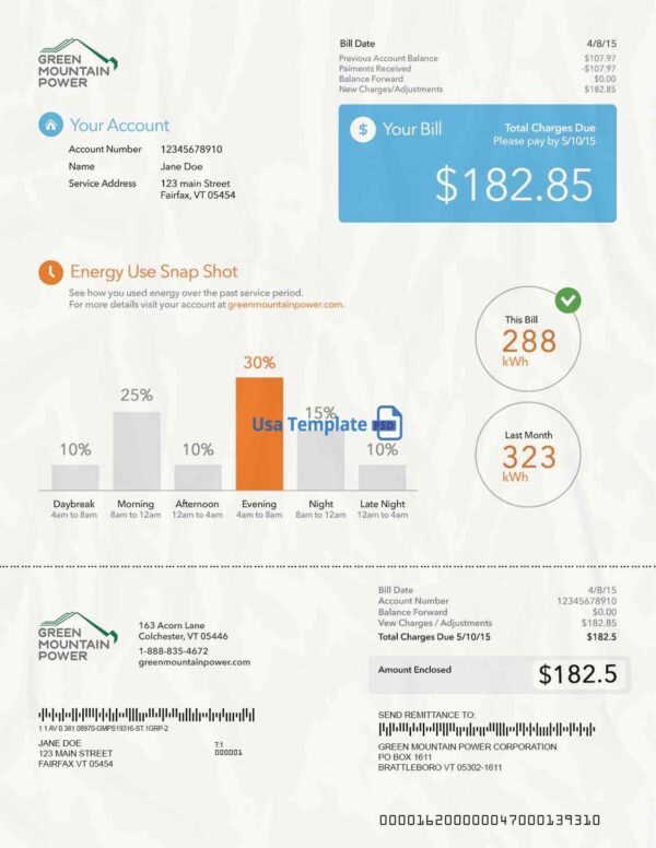 Vermont Utility Bill psd Template: Vermont Proof of address psd template